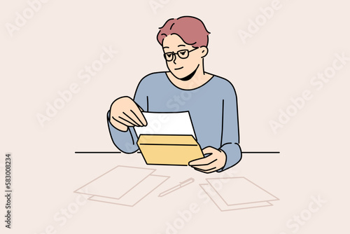 Man sit at table at home open correspondence. Male in glasses read message or text in postal letter. Post and notification. Vector illustration. 