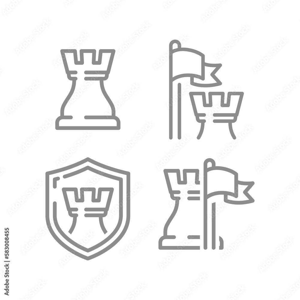 Chess king piece, flag and shield icon. Guarded, protected, secure concept line vector icons. Chess king piece, flag and shield icon. Guarded, protected, secure concept line vector icons.