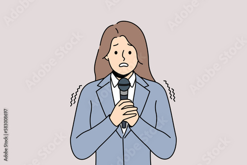 Anxious woman in suit scared talking on microphone on meeting or seminar. Worried female speaker with mic in hands feel terrified giving speech in public. Vector illustration. 