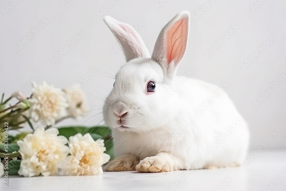 Cute Easter Bunny with Flowers and Easter Eggs, white background, professional studio photography, space for text Cute Easter Bunny with Flowers and Easter Eggs, white background, professional studio photography, space for text