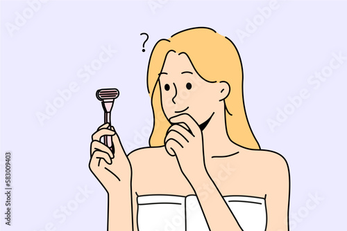 Confused woman in towel after shower hold razor think of shaving. Frustrated girl consider epilation procedure. Beauty and cosmetology. Vector illustration. 