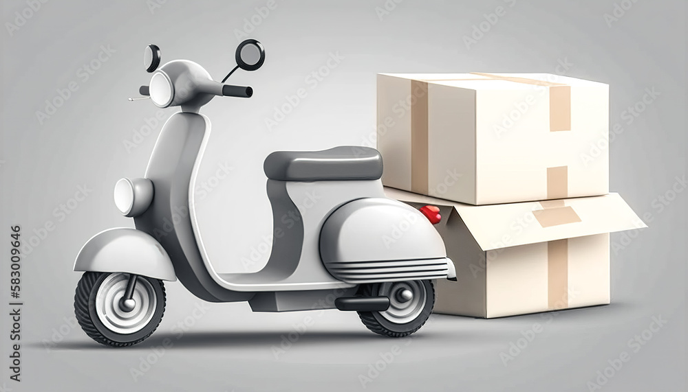 Scooter and cardboard box, delivery concept, generative AI. Scooter and cardboard box, delivery concept, generative AI.