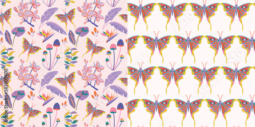 Seamless pattern set of butterflies, mushrooms, colorful tropical plants in psychedelic concept. Retro floral background print.