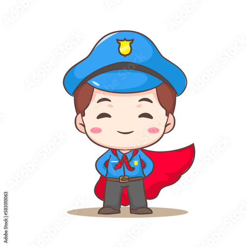 Cute policeman with red cloak as a hero cartoon character. People profession concept design. Isolated white background. Vector art illustration. Adorable chibi flat cartoon style