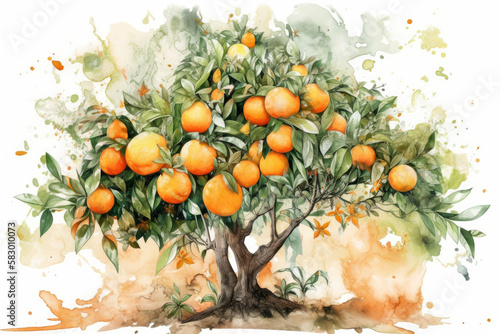 Watercolor Orange tree, generative ai