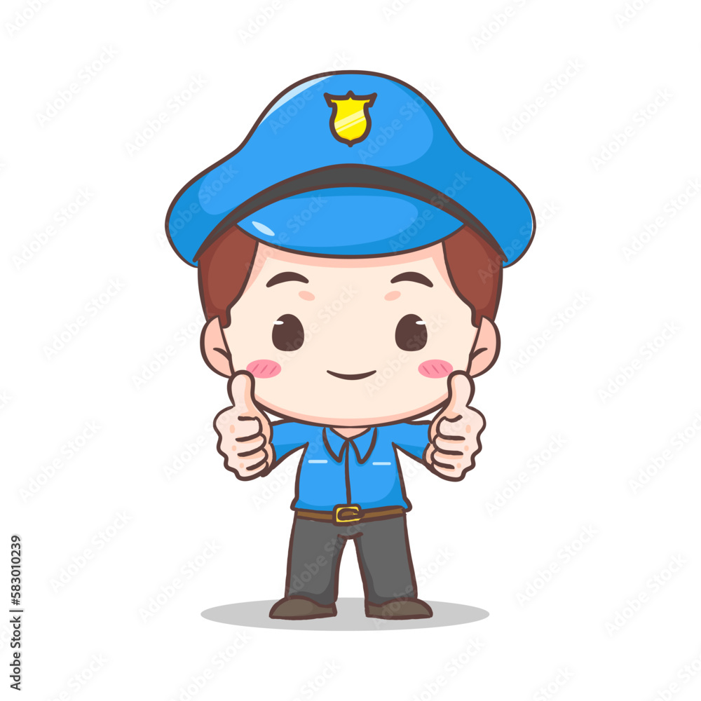 Cute policeman standing  showing thumbs up cartoon character. People profession concept design. Isolated white background. Vector art illustration. Adorable chibi flat cartoon style