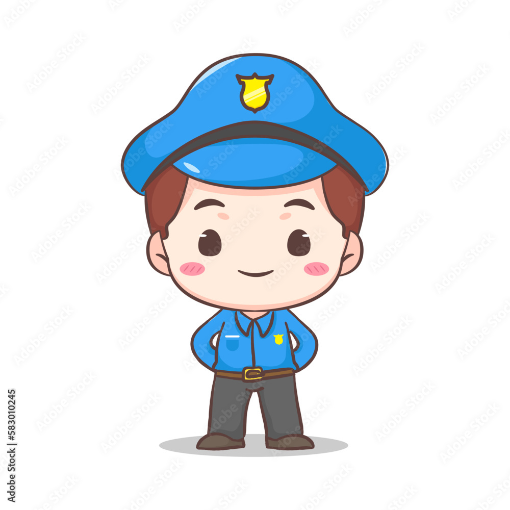 Cute policeman standing with arms on back cartoon character. People profession concept design. Isolated white background. Vector art illustration. Adorable chibi flat cartoon style