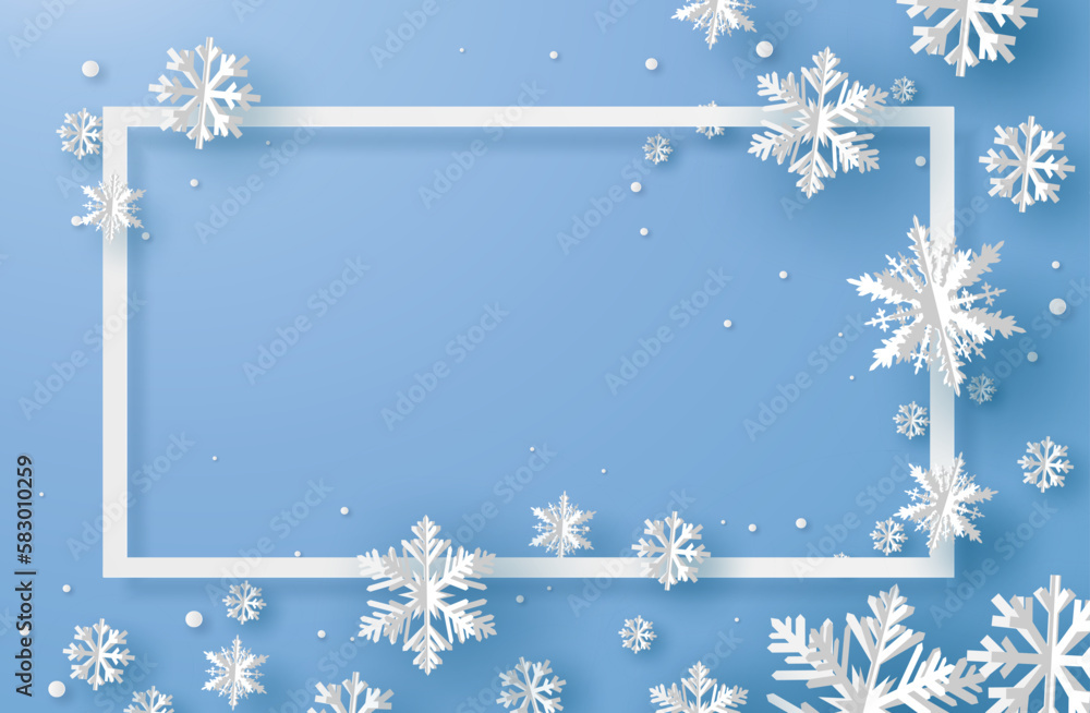 Merry Christmas or New year card with square frame and white origami snowflake or ice crystal on blue background. Vector illustration art in paper cut design. Merry Christmas or New year card with square frame and white origami snowflake or ice crystal on blue background. Vector illustration art in paper cut design.