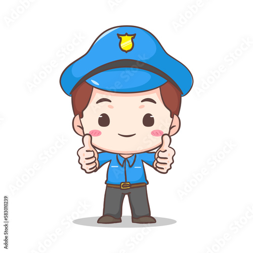 Cute policeman standing  showing thumbs up cartoon character. People profession concept design. Isolated white background. Vector art illustration. Adorable chibi flat cartoon style
