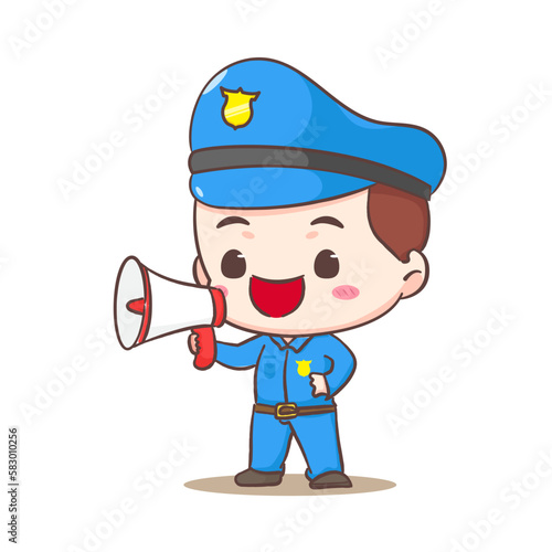 Cute policeman holding megaphone cartoon character. People profession concept design. Isolated white background. Vector art illustration. Adorable chibi flat cartoon style