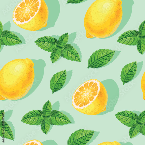 Vector seamless pattern with mint and lemon