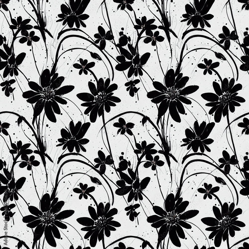 Seamless pattern with black flowers on white background. Generative AI art.