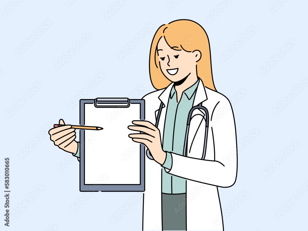 Smiling female doctor in white medical uniform point at blank mockup paper. Happy GP or therapist demonstrate medication prescription. Vector illustration. Smiling female doctor in white medical uniform point at blank mockup paper. Happy GP or therapist demonstrate medication prescription. Vector illustration.