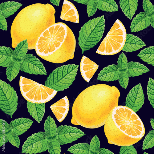 Vector seamless pattern with mint and lemon