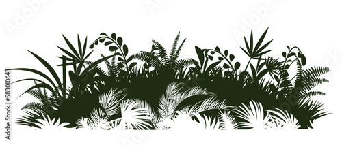 Green meadow. Jungle rainforest. Nature landscape silhouette. Dense tropical thickets. Isolated on white background. Vector.
