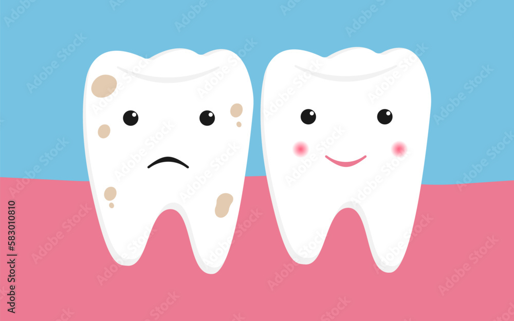 Cute white tooth and tooth with yellow plaque before, after icon set. Teeth stain treatment, cleaning, whitening concept. Flat cartoon emoji character vector illustration. Dental hygiene stained teeth Cute white tooth and tooth with yellow plaque before, after icon set. Teeth stain treatment, cleaning, whitening concept. Flat cartoon emoji character vector illustration. Dental hygiene stained teeth