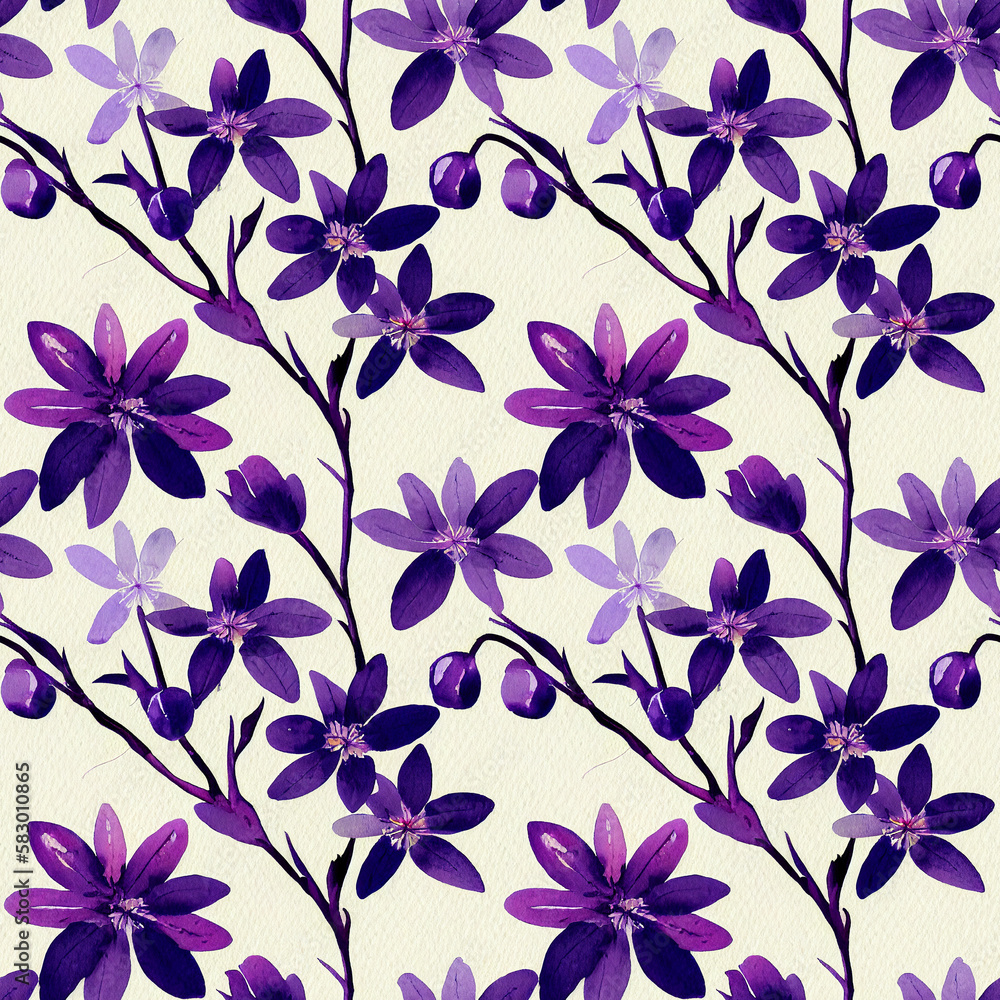 Summer seamless pattern with violet flowers. Generative AI art. Summer seamless pattern with violet flowers. Generative AI art.