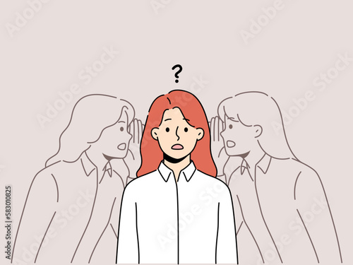 Confused woman listen to inner voice. Frustrated female hear other personalities doubt about decision making. Vector illustration.