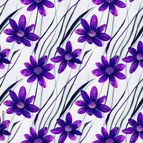 Summer seamless pattern with blue flowers on white background. Generative AI art.