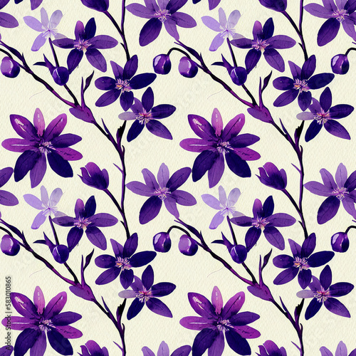 Summer seamless pattern with violet flowers. Generative AI art.
