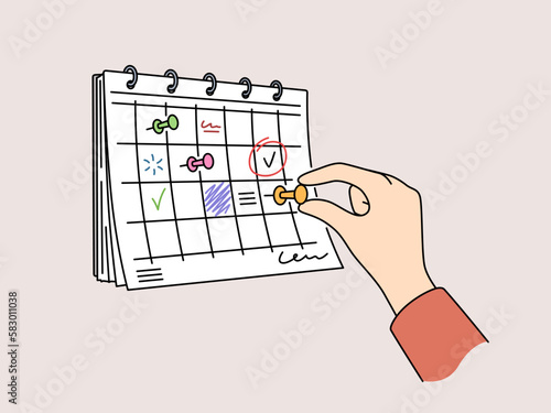 Person hand attach pin on calendar hanging on wall. Businessperson make plans on month schedule. Time management concept. Vector illustration. 