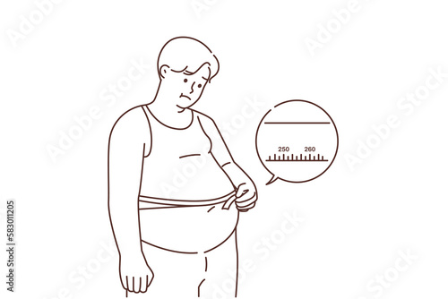 Unhappy fat man measure belly with tape 