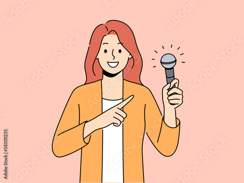Smiling woman point at microphone holding in hands. Happy female singer or performer demonstrate mic in hands. Hobby and entertainment. Vector illustration. 