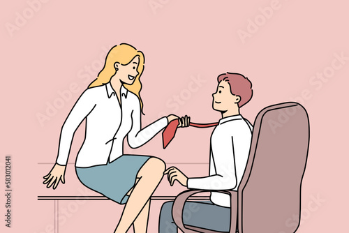 Businesswoman seduce male employee in office. Female CEO or boss flirt with man subordinate at workplace. Sexual harassment. Vector illustration. 