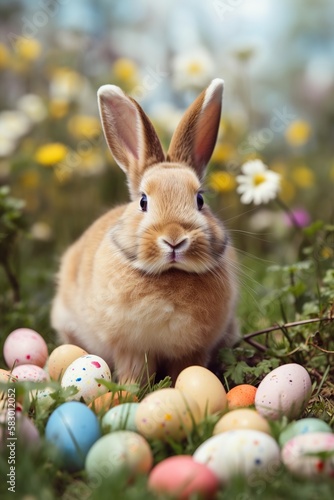 adorable bunny with easter eggs, generative ai.