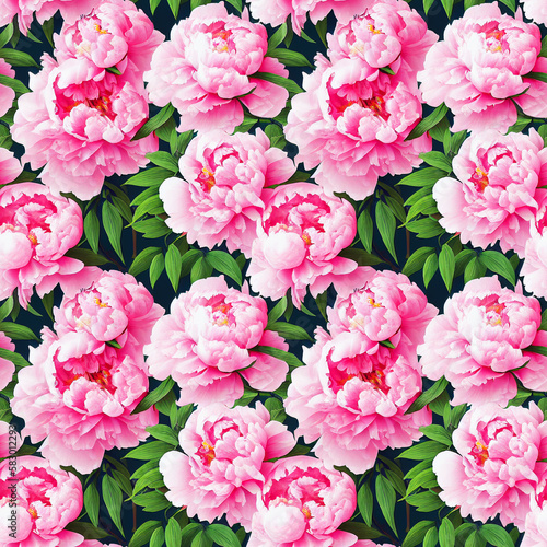 Summer seamless pattern with pink peonies flowers. Generative AI art.