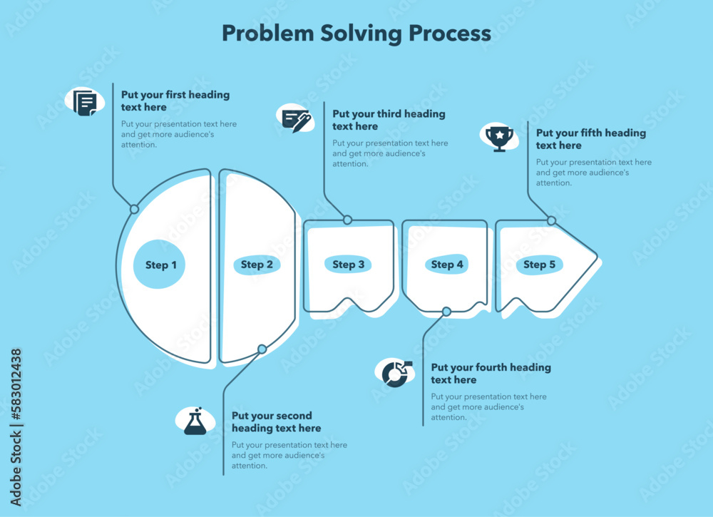 Problem solving process template with five steps and a key as a main ...