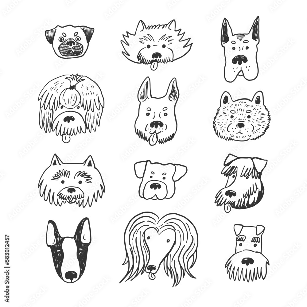 Dog funny animal face line vector line illustrations set.