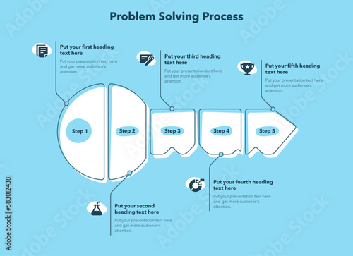 Problem solving process template with five steps and a key as a main symbol - blue version. Slide for business presentation.