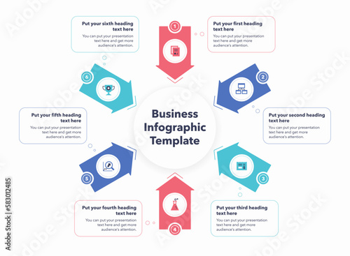 Business infographic template with six steps. Modern diagram with flat colorful icons.