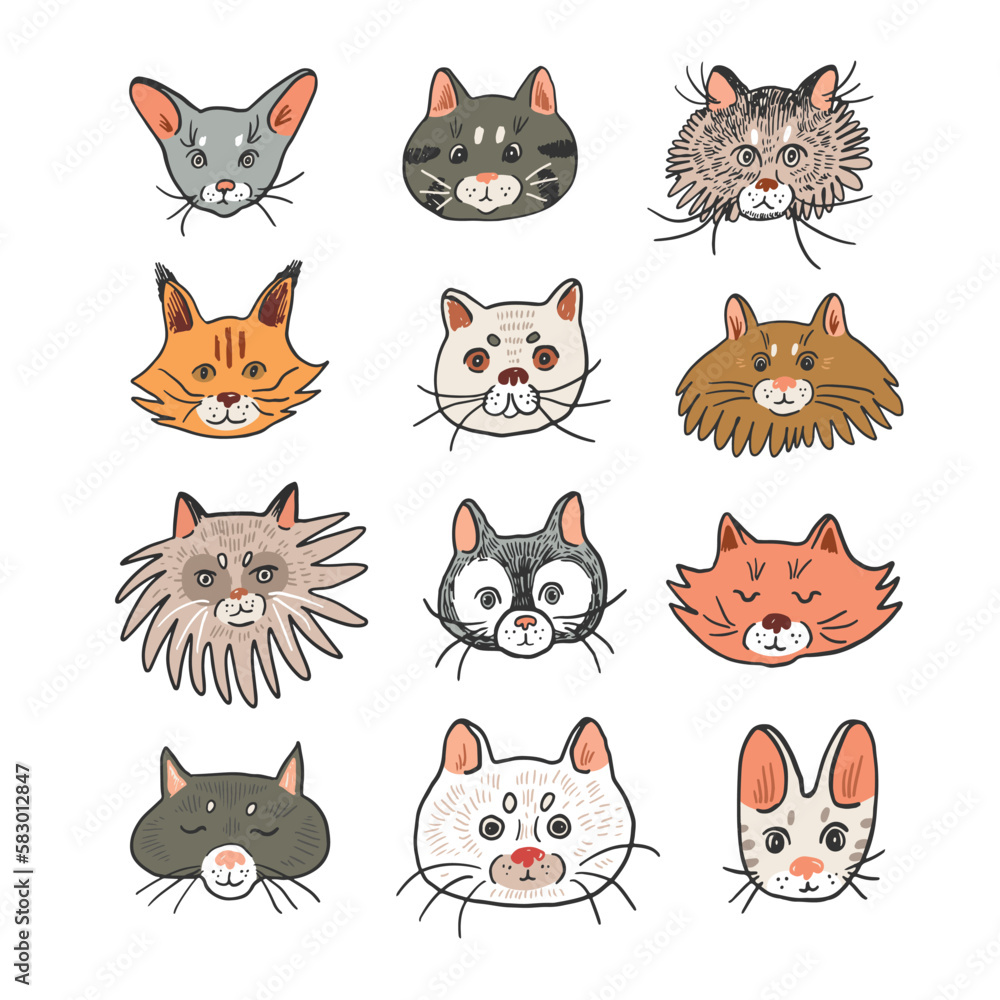 Cat funny animal face vector illustrations set. Cat funny animal face vector illustrations set.
