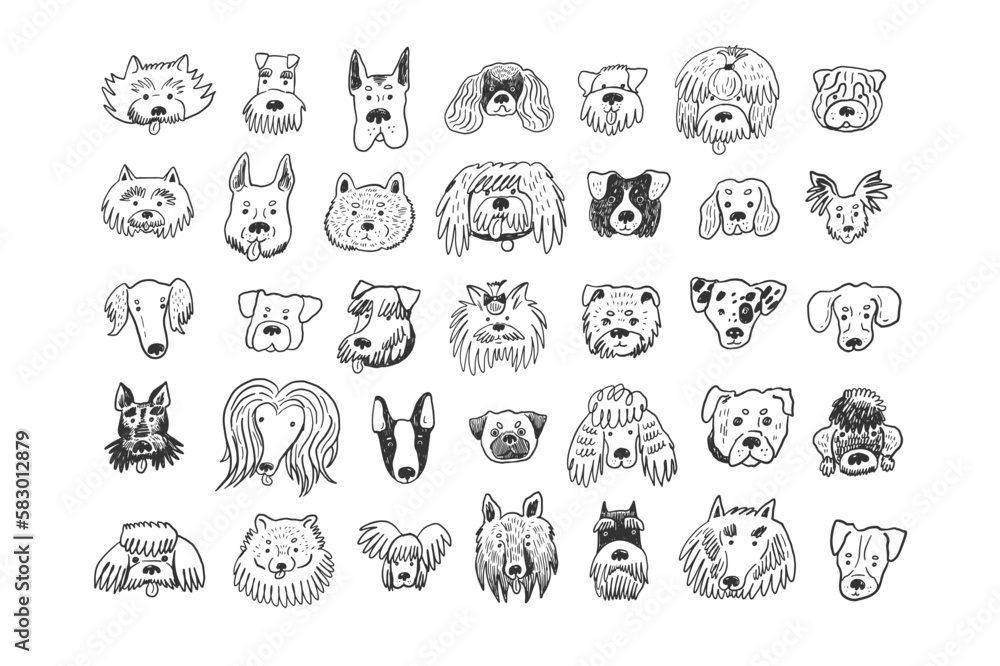 Dog funny animal face line vector line illustrations set.