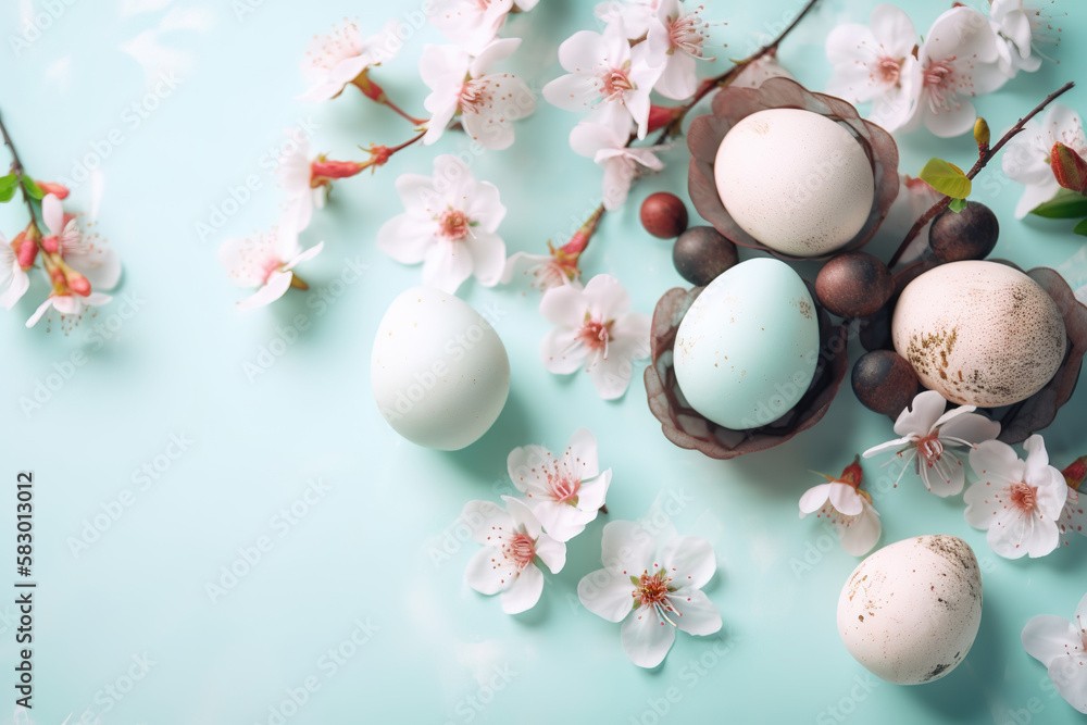 Happy Easter concept with easter eggs in nest and spring flowers on light background. Easter background with copy space, Happy Easter concept with easter eggs in nest and spring flowers on light background. Easter background with copy space,