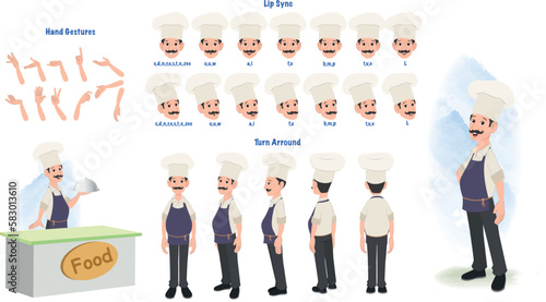 A chef character model sheet for animation. Character model sheet with lips syn, hand gesture, turn around sheet