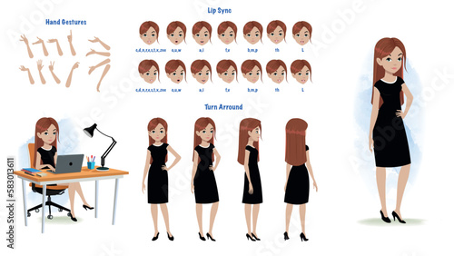 A businesswoman character model sheet for animation. Woman character model sheet with lips syn, hand gesture, turn around sheet