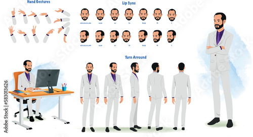 A businessman character model sheet for animation. Woman character model sheet with lips syn, hand gesture, turn around sheet