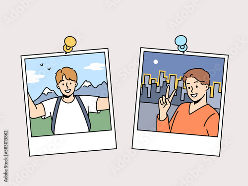 Smiling male traveler pics on board . Vector Photos of smiling man traveling around world. Happy male traveler pics attached by pin on board. Travel and tourism. Vector illustration. 