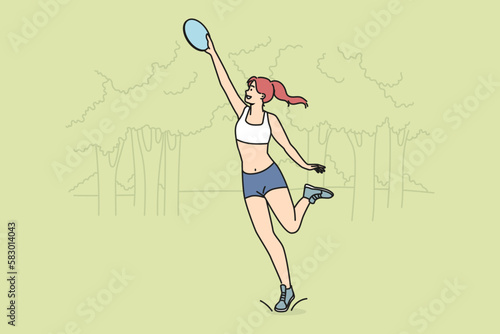 Smiling sportive girl play with frisbee in park. Happy active woman enjoy game playing in summer in forest. Sport and relaxation. Vector illustration. 