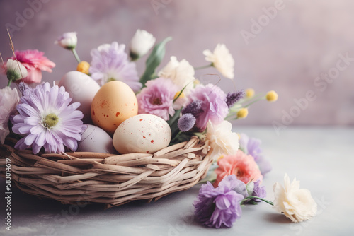 Happy Easter concept with easter eggs in nest and spring flowers on light background. Easter background with copy space 