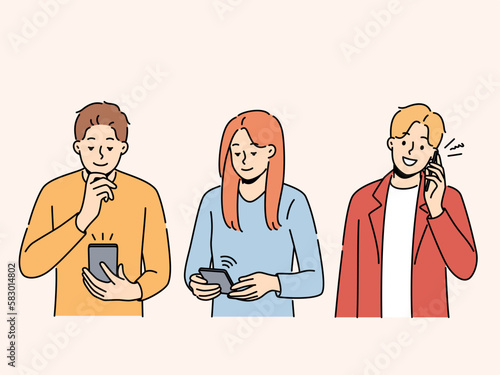 Diverse people use gadgets communicate online. Group of multiracial men and women message or talk on cellphones. Communication and technology. Vector illustration. 
