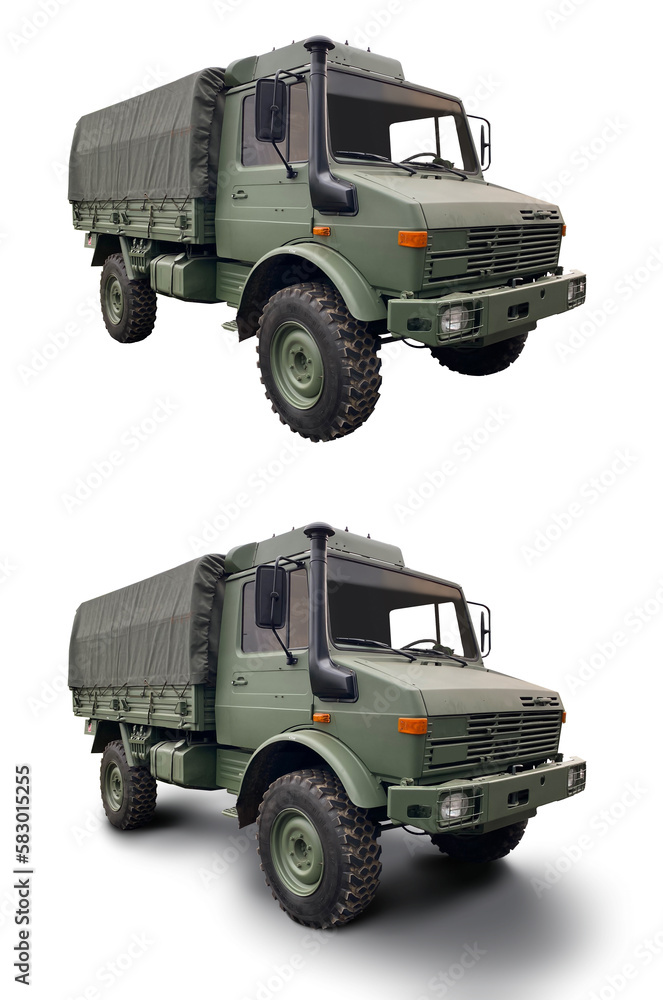 Military Truck 3/4 front to side view with Shadow Isolated on White Background 