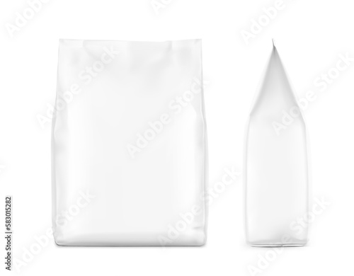 High realistic vertical bag mockup. Front and side view. Vector illustration isolated on white background. Ready for use in presentation, promo, advertising and more. EPS10.	