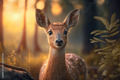 Young brown deer in forest. Generative AI.