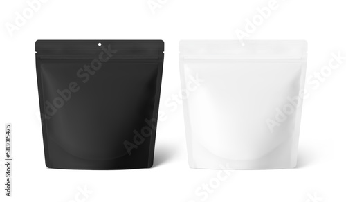 Black and white pouch bag mockups. Vector illustration isolated on white background. Front view. Can be use for template your design, presentation, promo, ad. EPS10.	