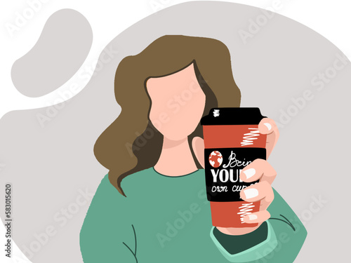 Bring your own mug and get a discount. Ecology save nature concept. Vector typography poster with a woman taking a reusable cup in a hand. Vector illustration