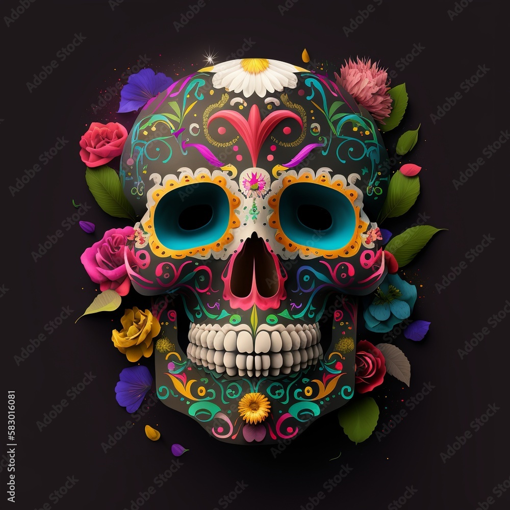 Dia de Los Muertos (Day of the dead), with sugar skull, generative ai